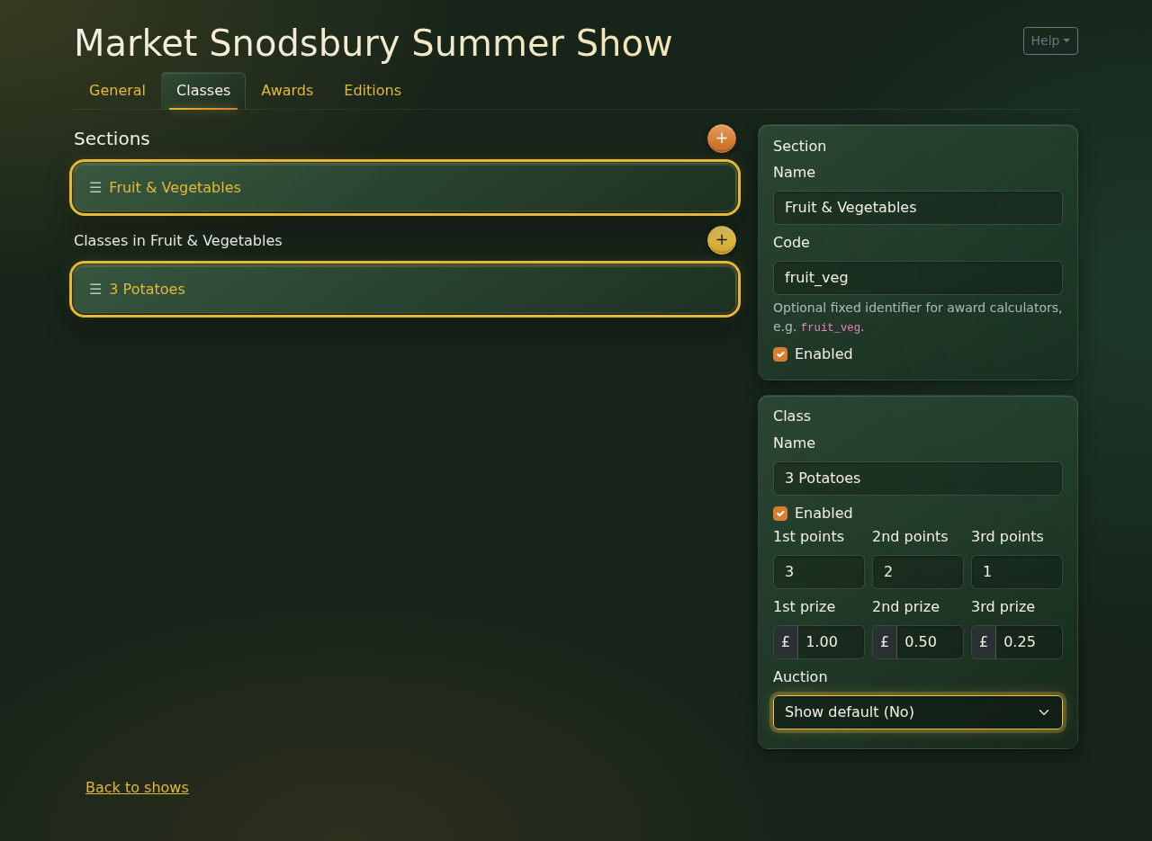 The 3 Potatoes class, with points, prize money and the auction setting