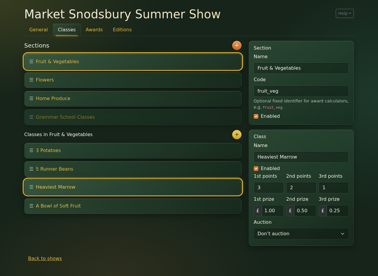 All four sections, with the four Fruit & Vegetables classes listed below